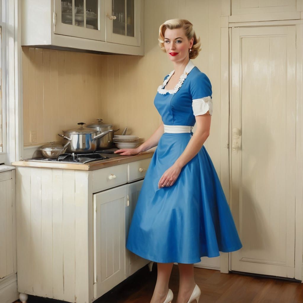1950s Housewife in Kitchen - Impressionist Oil Painting