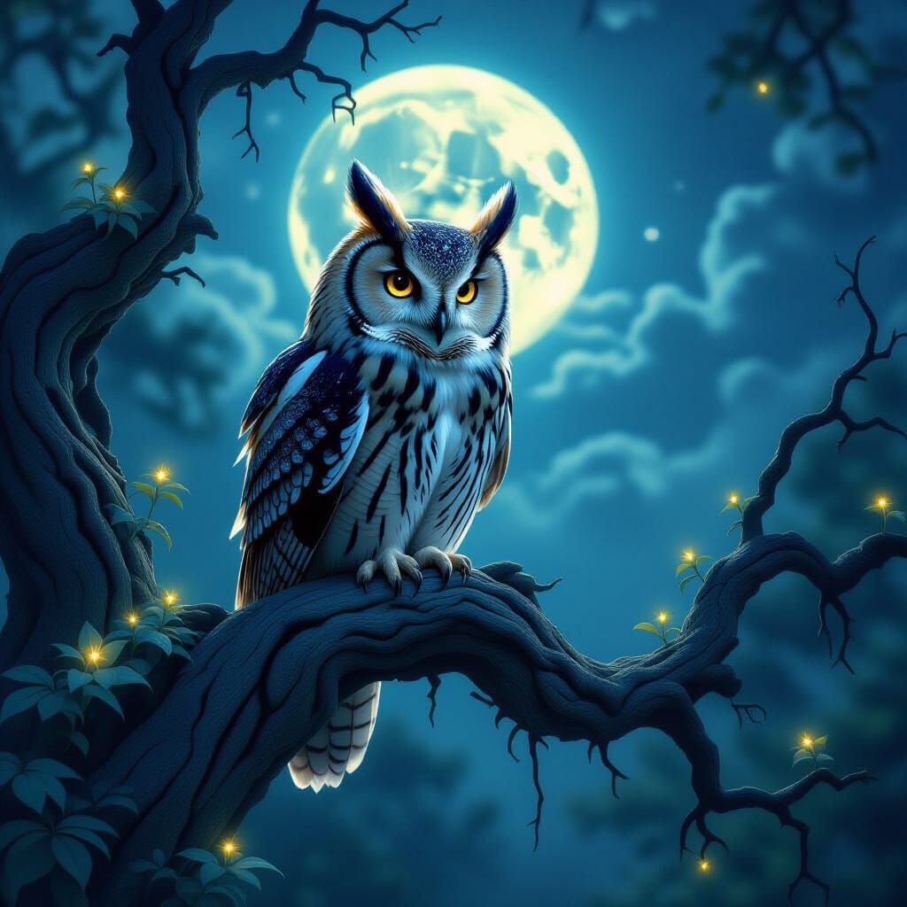 Mystical Owl in Moonlight, Dark Fantasy Art