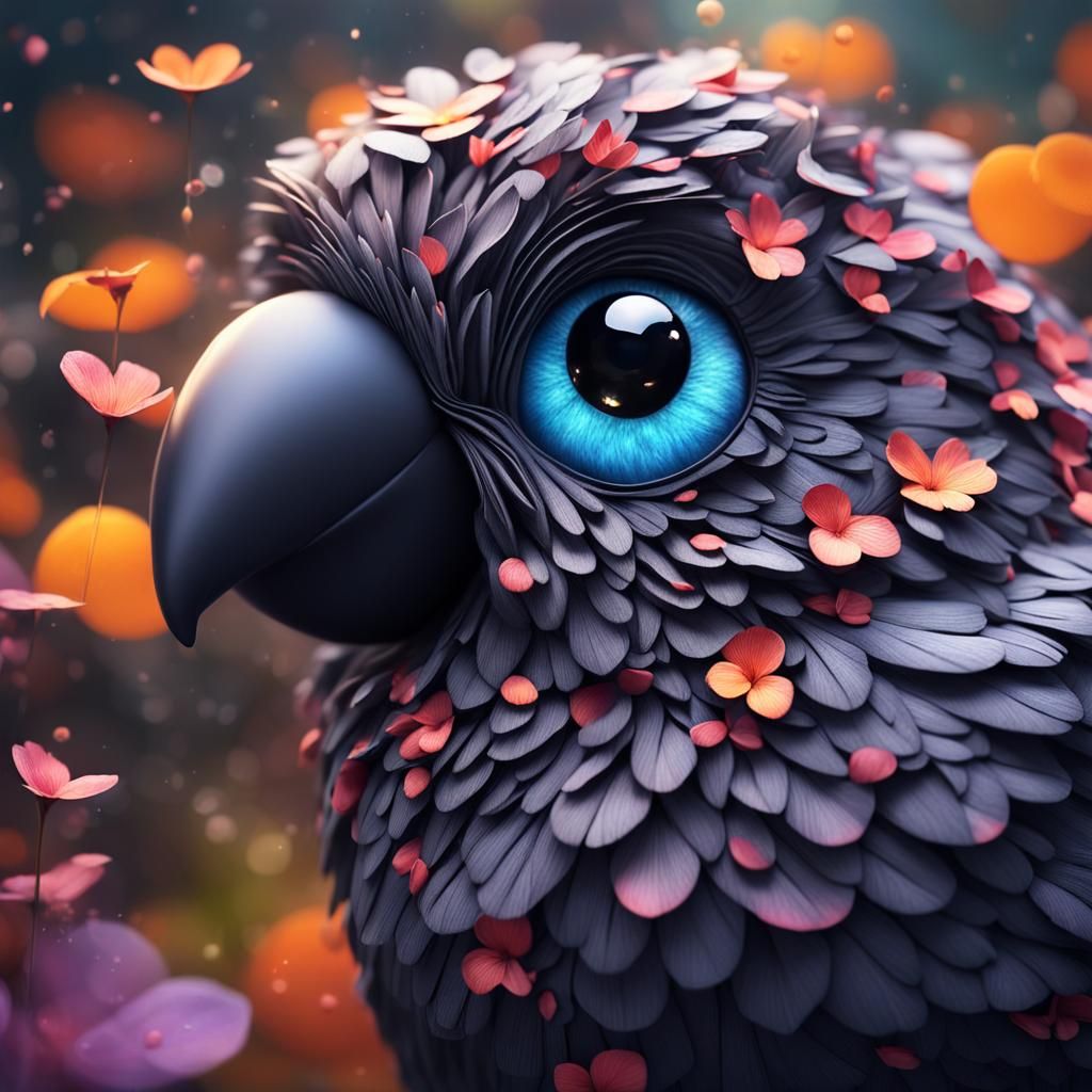 Adorable Black Petal Bird with Huge Eyes