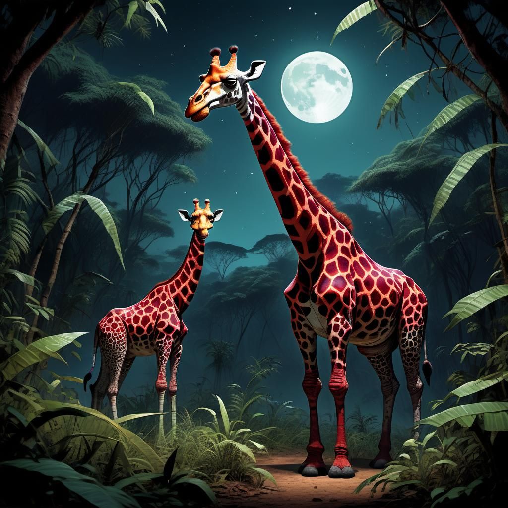 The weregiraffe attacks from ambush, red eyes, bloody teeths