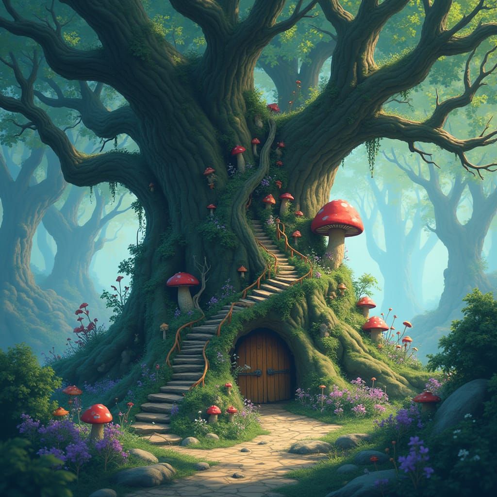 Enchanted Fairy Village in Ancient Tree, Ghibli Style