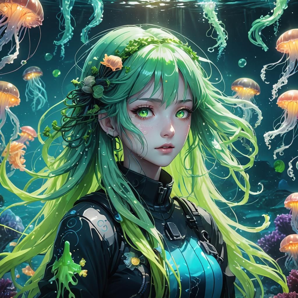 Anime Girl in Deep Sea with Jellyfish