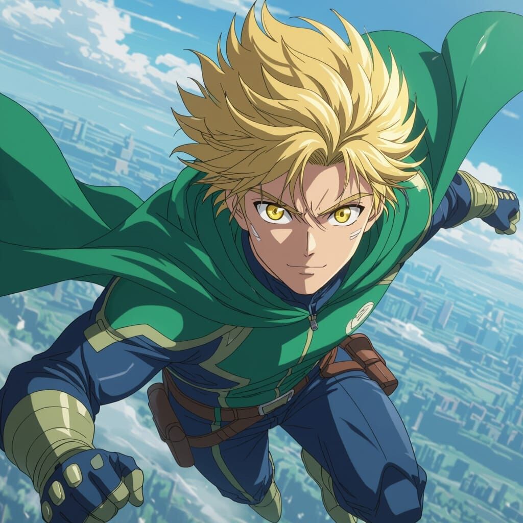 Heroic Man Flying in Green and Blue Outfit Anime Style