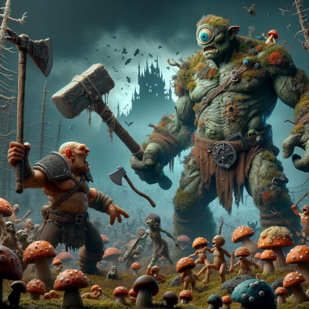 Cyborg Cyclops Confronts Castle Shadows in Dark Fantasy Real...