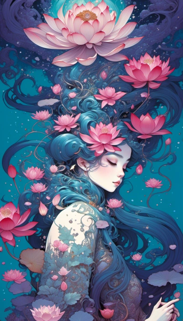 Anime Lotus Girl in Hyperdetailed Gouache Style