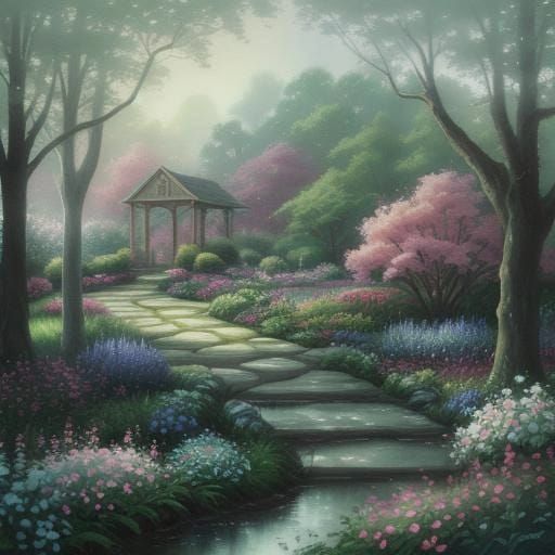 Garden Scene with Blue Gel Filter in Kinkade Style