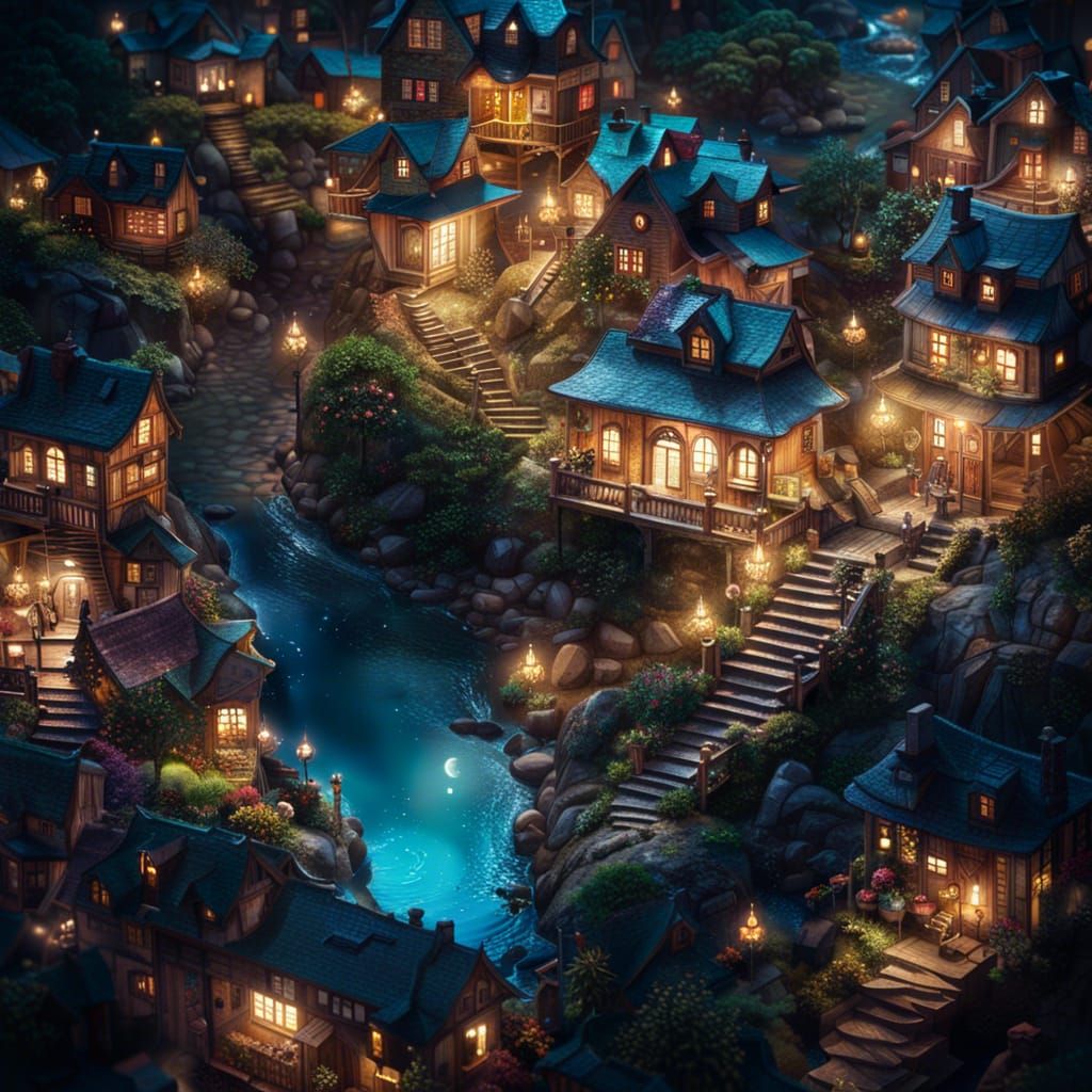 Moonlit Fairy Town: Hyperrealistic Cosmic Illustration