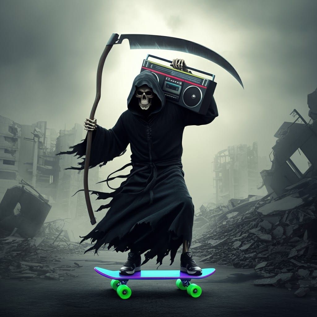 Grim Reaper Skates Through Wasteland in Hyper-Realistic Styl...