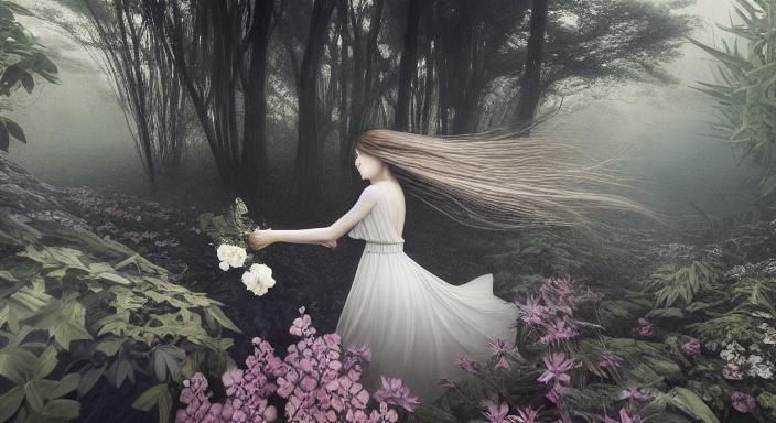 Woman with Narcotic Flower in Etching Style