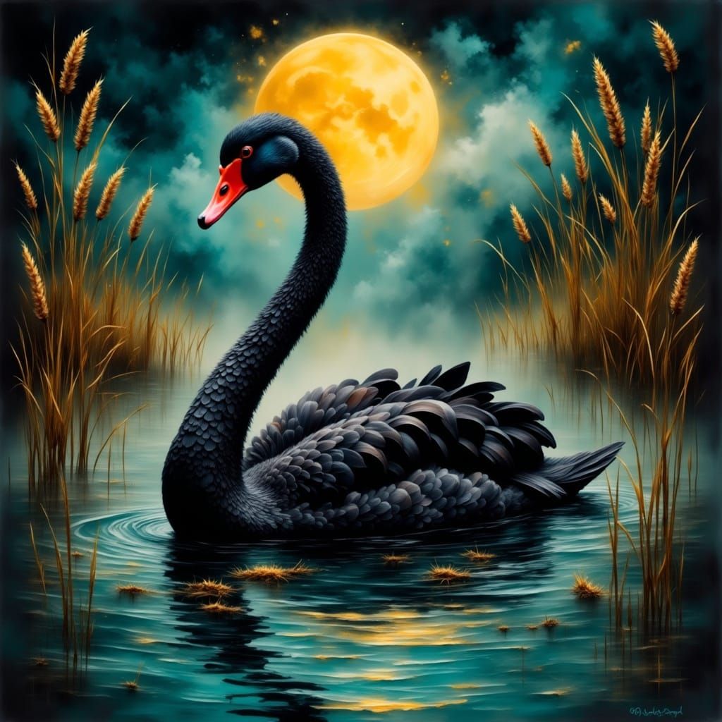 <lora:Smokey grunge:1.0> dark fantasy art beautiful black swan ethereal turquoise lagoon reeds cattails and a misty gold...