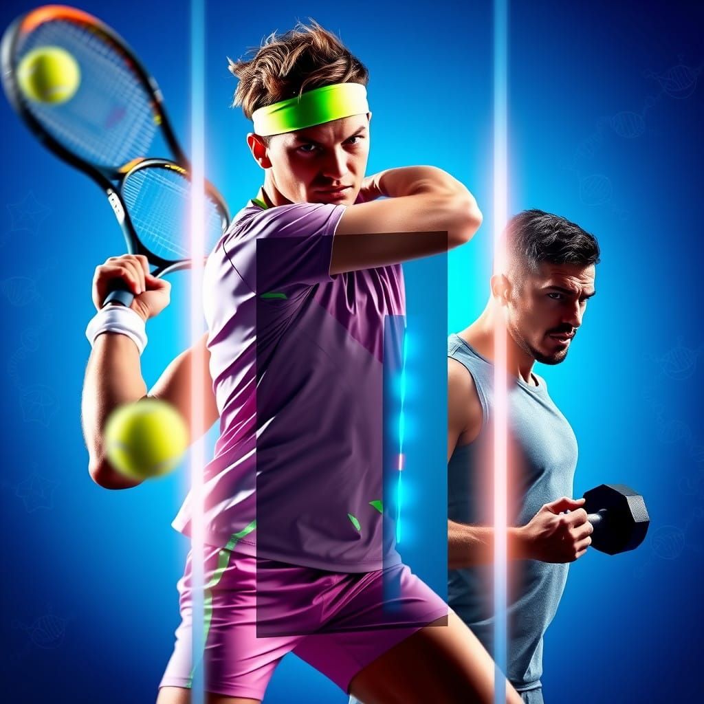 Sleek Tennis Player in Mid-Swing, High-Tech Outfit, Vibrant...