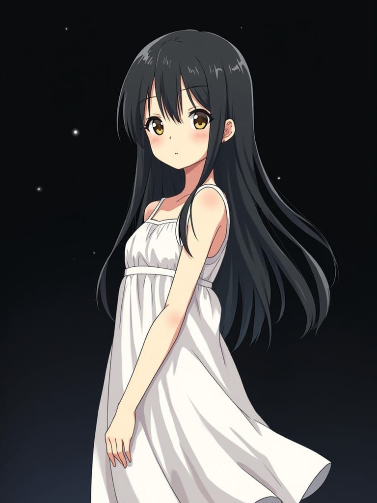 Innocent Anime-Inspired Girl with Porcelain Skin and Long Bl...