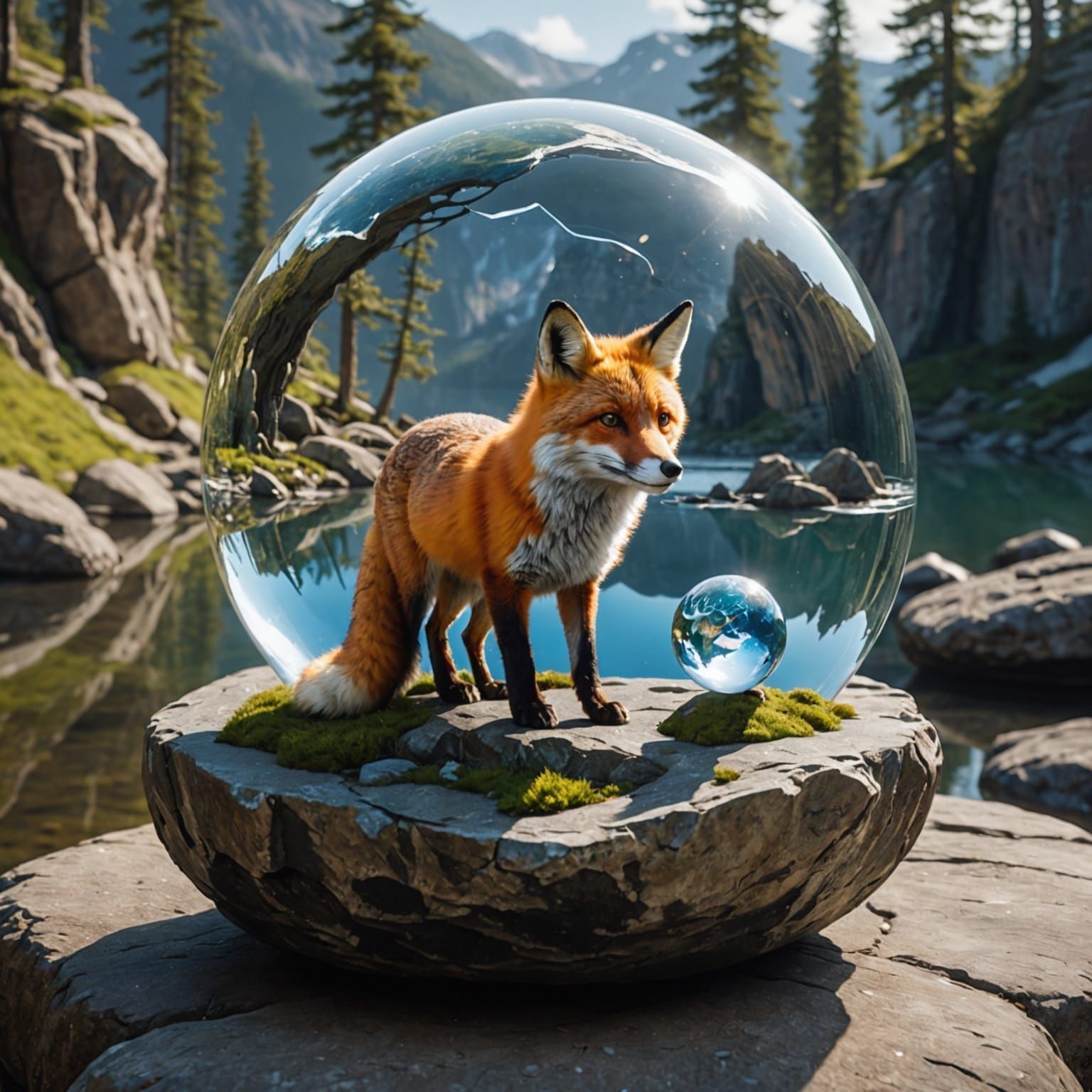 Fox Gazing at World in Glass Ball