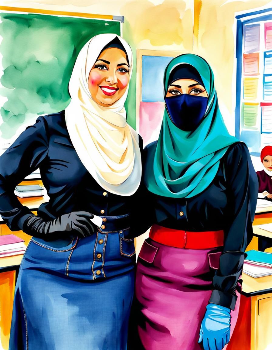 Two Teachers in Hijab, Watercolor Portrait