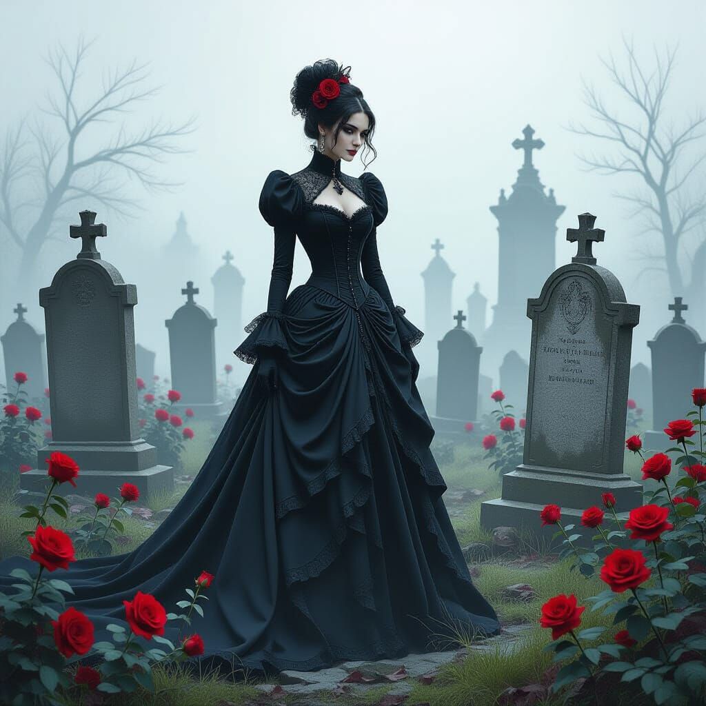 Gothic Lady in Graveyard, Expressive Painting