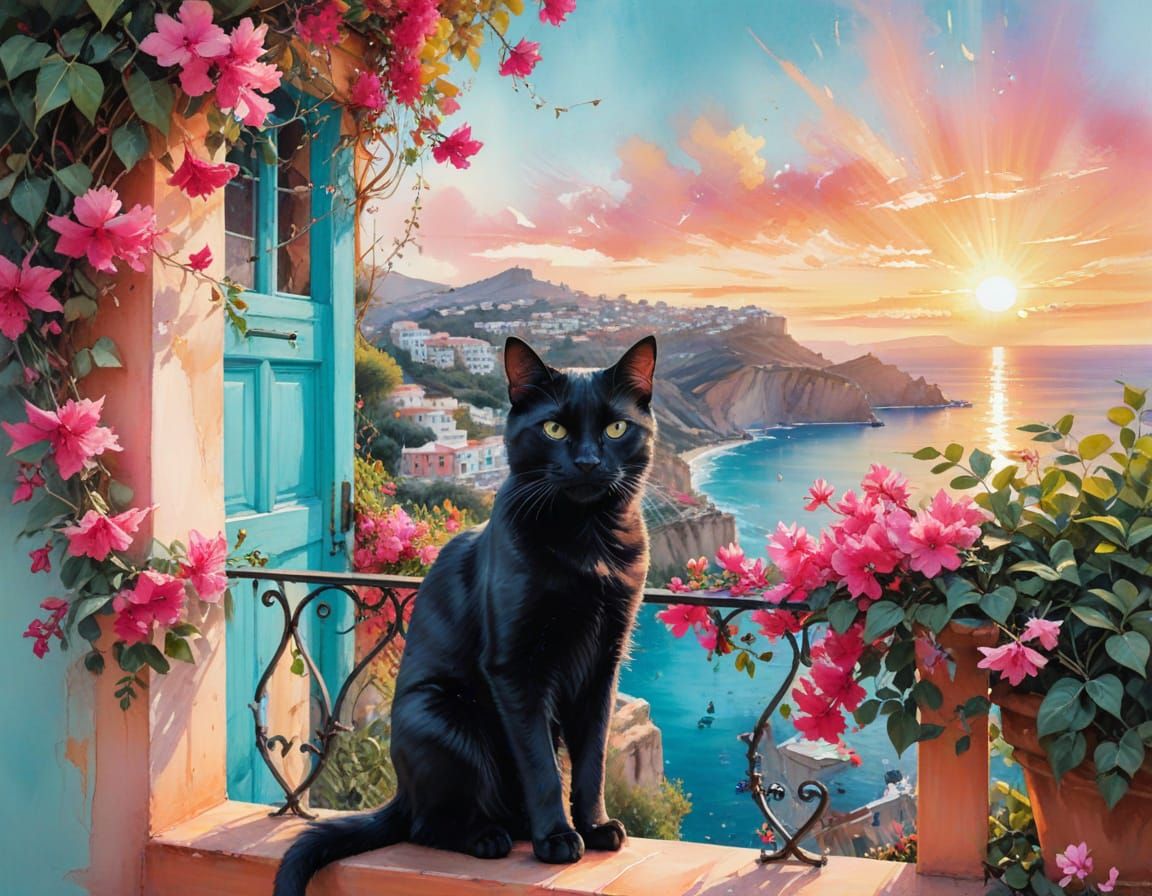 Black Cat on Balcony Overlooking Mediterranean Villas
