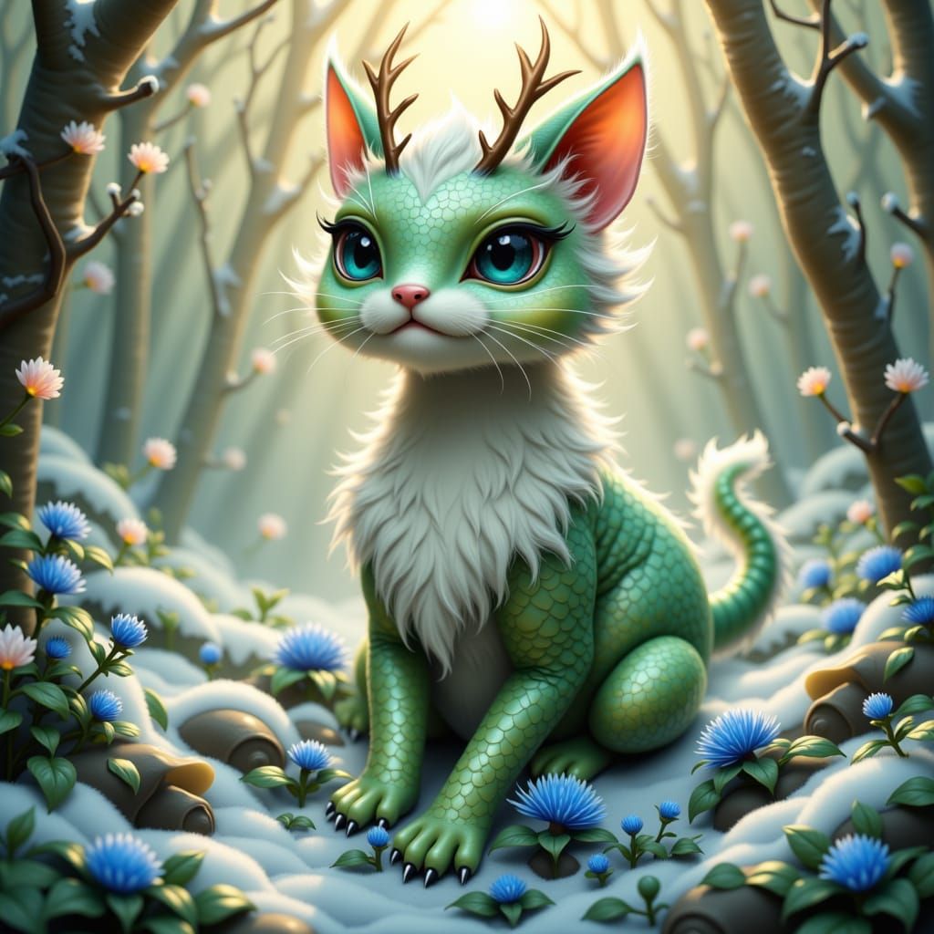Jade Dragon-Cat Hybrid in Winter Forest