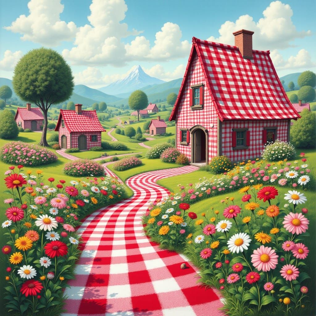 Gingham Landscape with Whimsical Cottages