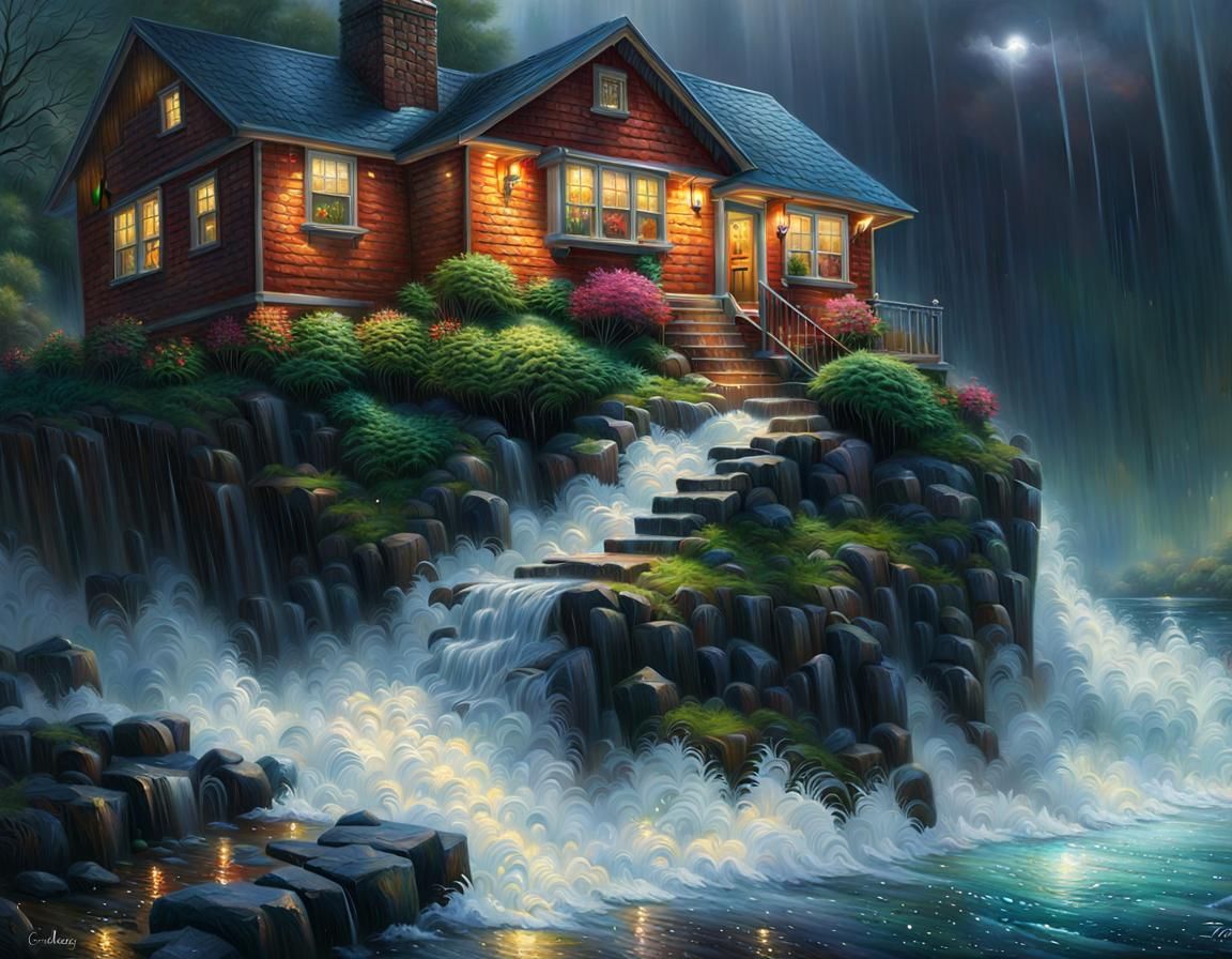 House in Rain: Hyperrealistic Splash Art