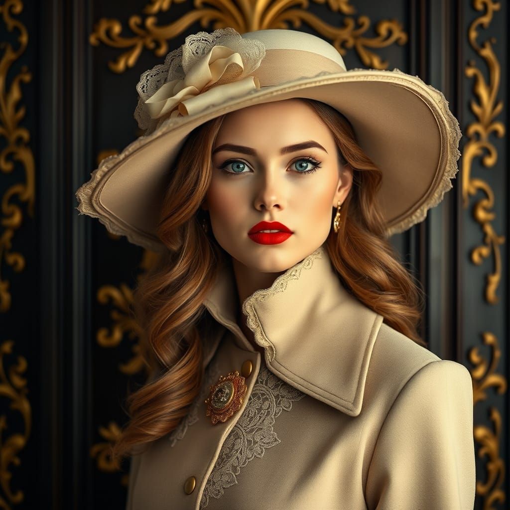 Elegant Woman in Beige Coat and Hat with Gold Accents