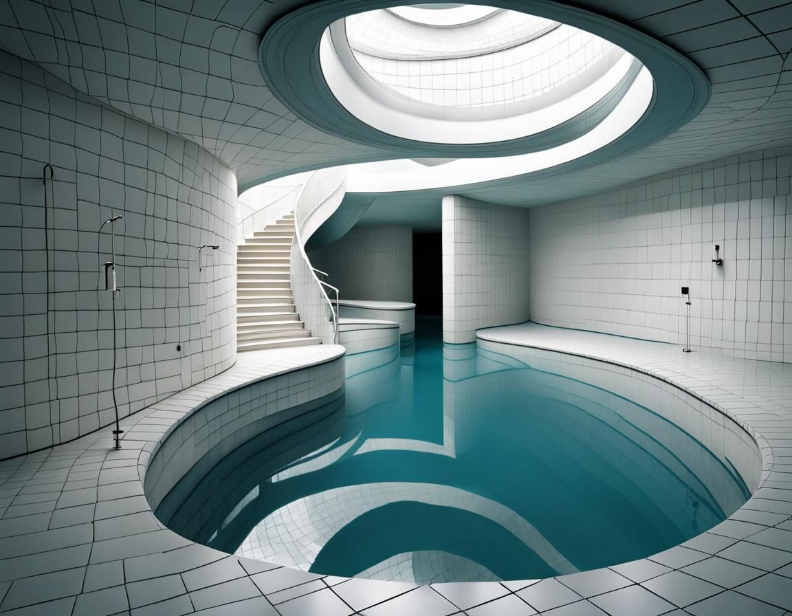 Liminal Space Pool Room with Spiral Stairway