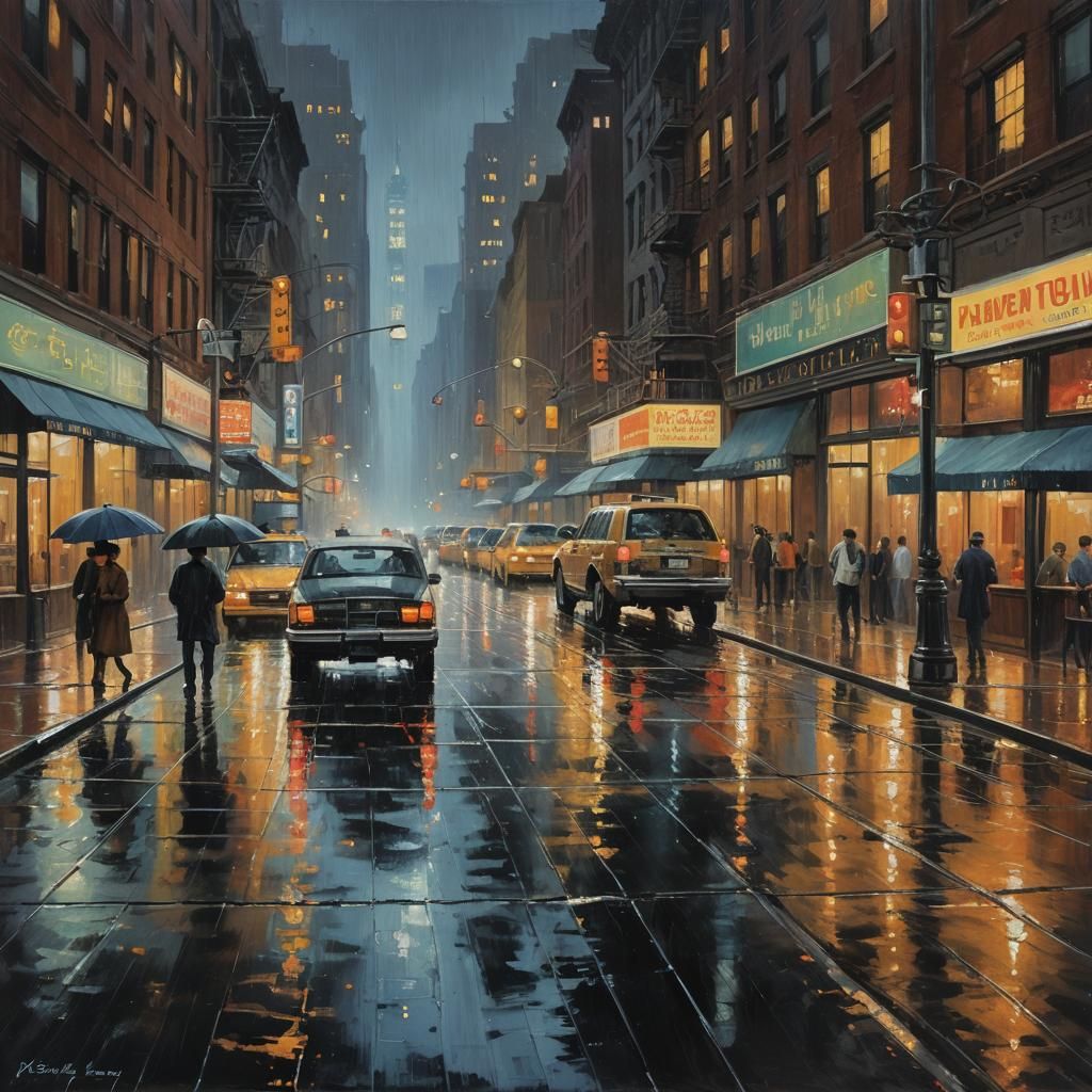 Rainy Night in New York City: Oil Painting