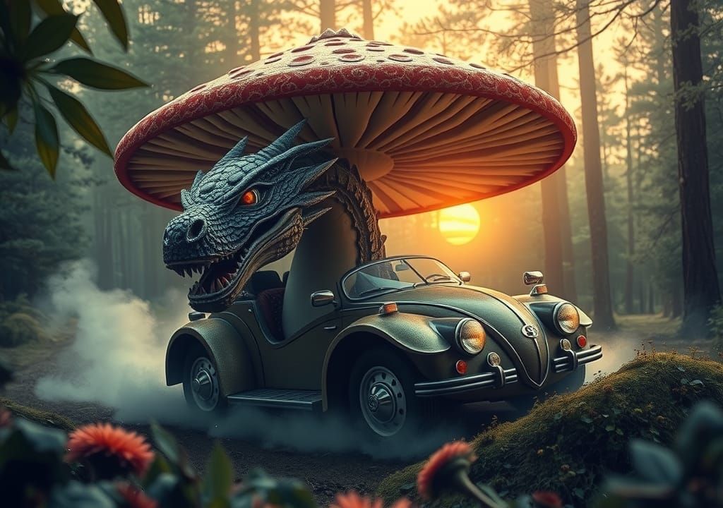 Mushroom Car Zooms Through Forest in Ethereal Light