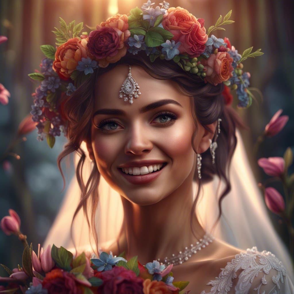 Smiling Bride Holding Flowers: Detailed Matte Painting