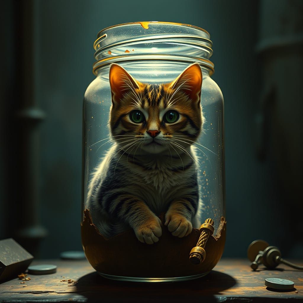 Cat in Jar: Detailed Matte Painting with Industrial Style