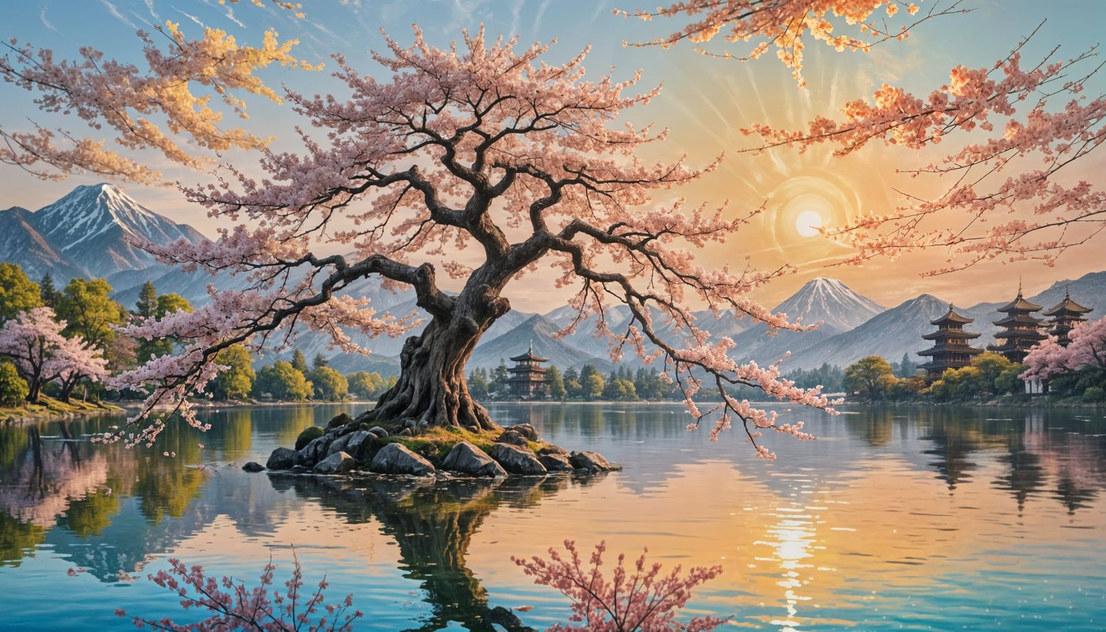 A beautiful ancient sakura tree in front of a lake. Mountain...