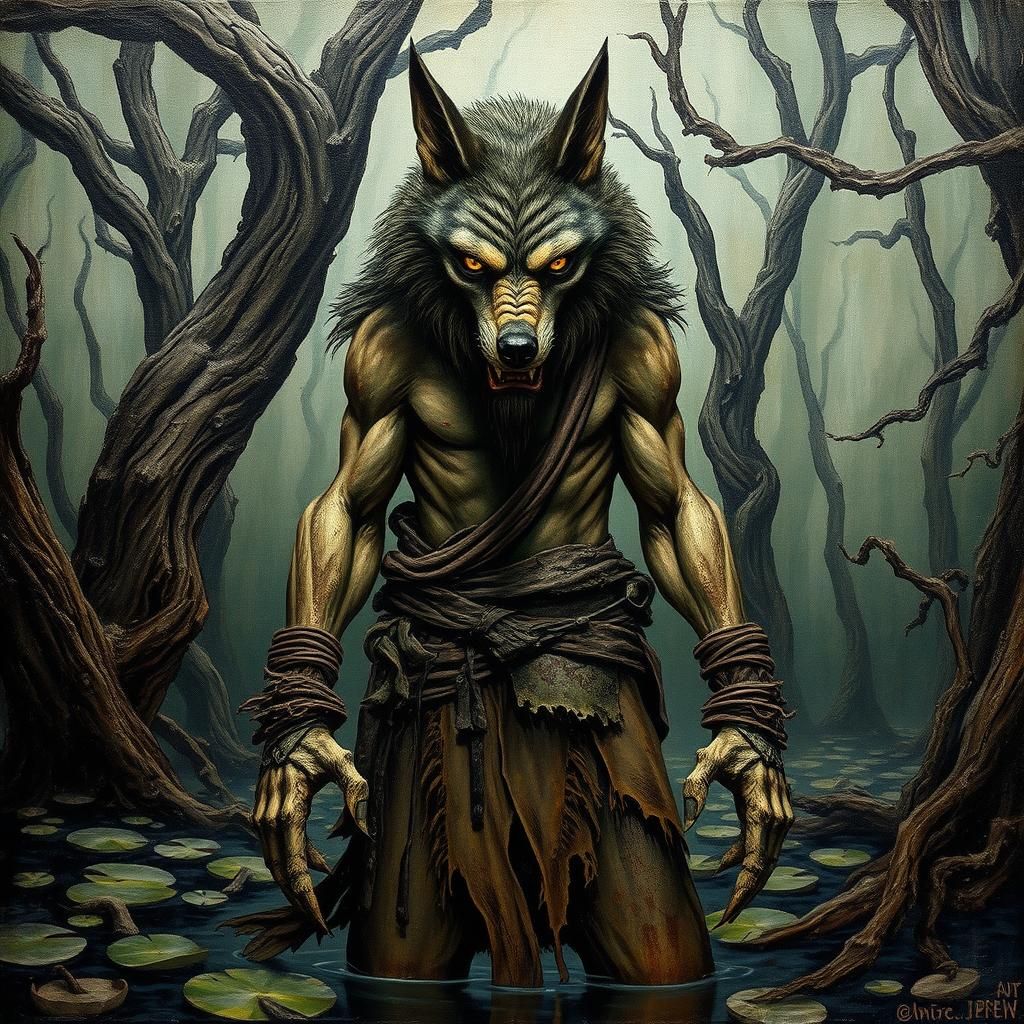 Louisiana Swamp Man Wolf in Gothic Surrealism Style