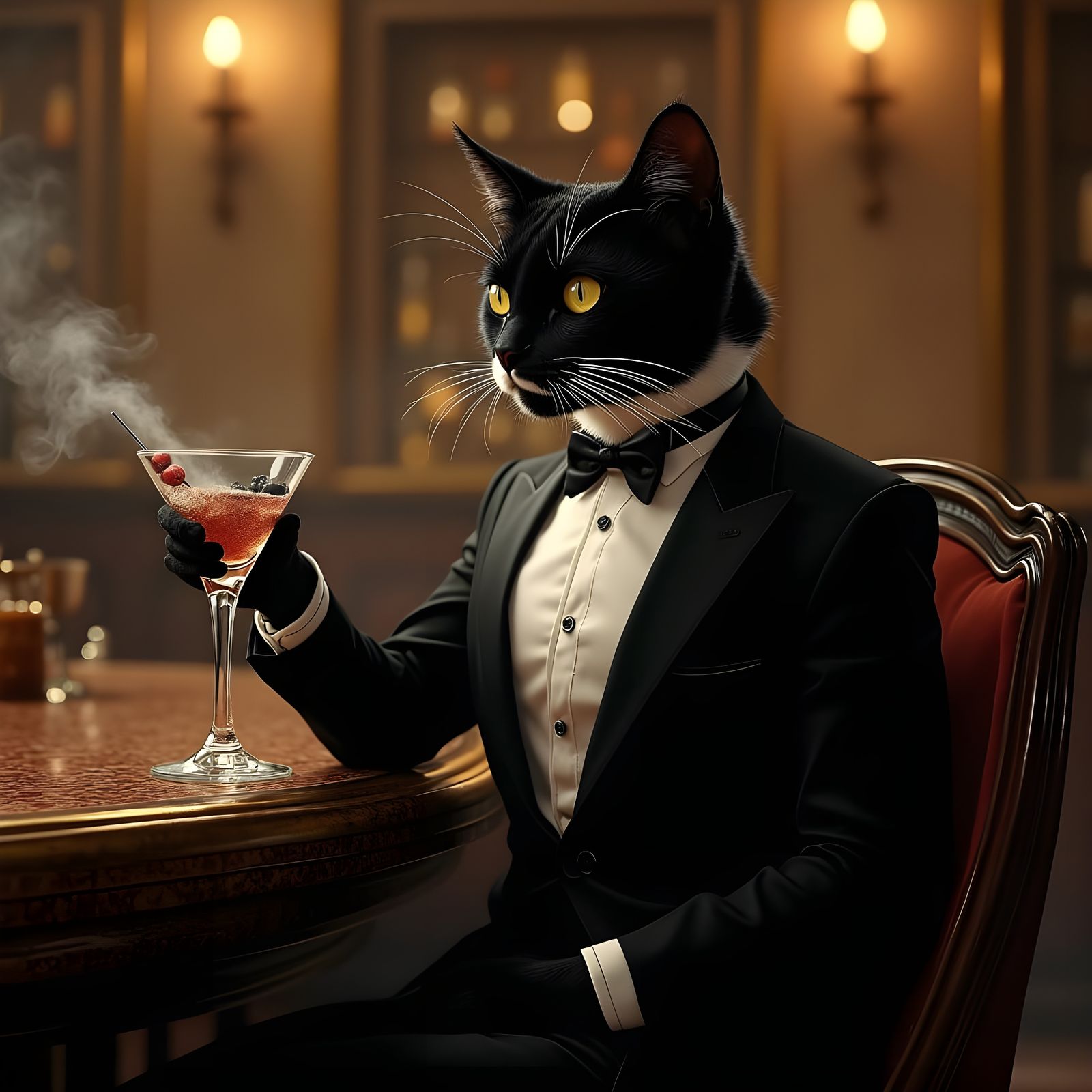Tuxedo Cat at 1920s Speakeasy Bar in Art Nouveau Style