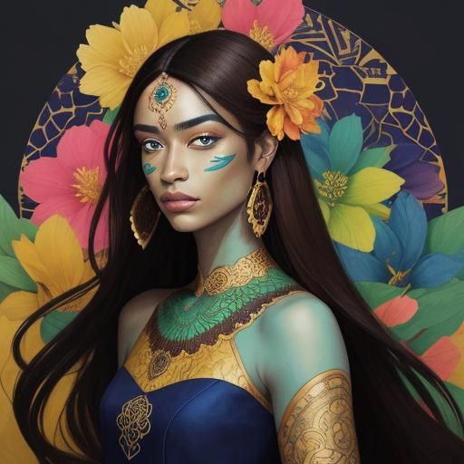 Abstract Portrait of a Scaled Woman with Flowers