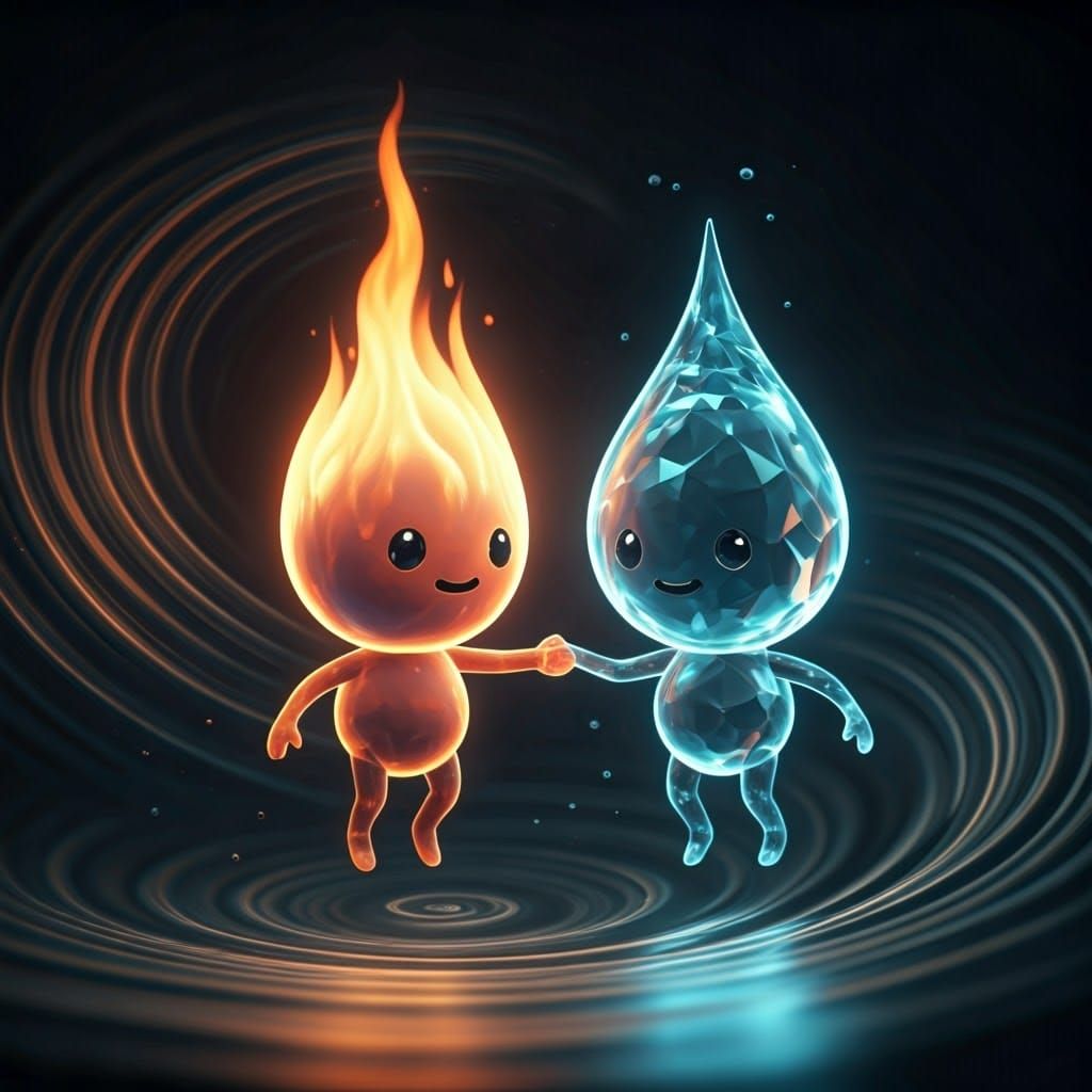 Flame and Water Droplet Holding Hands in Dreamlike Mist