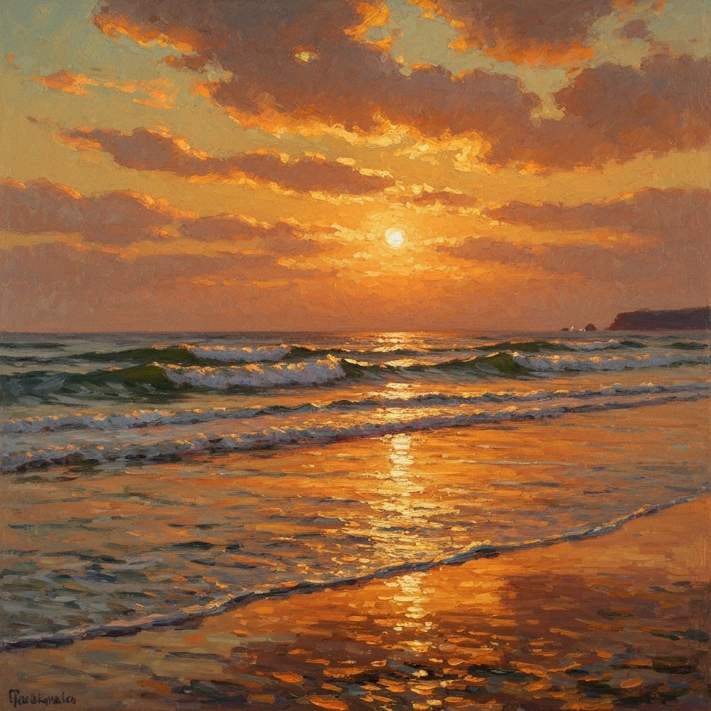 Impressionist Golden Hour Coastal Scene in Orange Hues