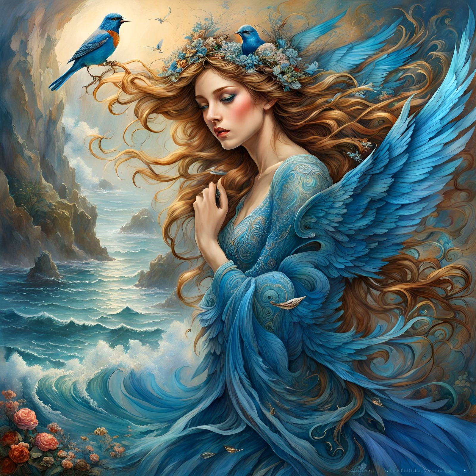 Bluebirds and Waves in Vibrant Watercolor