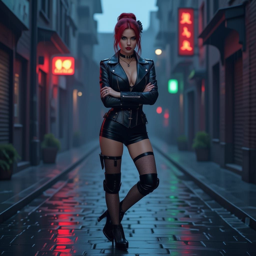 Cyberpunk Woman in Neon Lit Gothic Backstreet