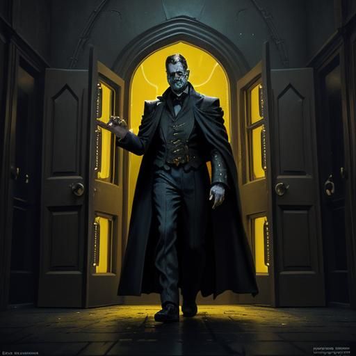 Terrified Man Locks Door in Gothic Film Still