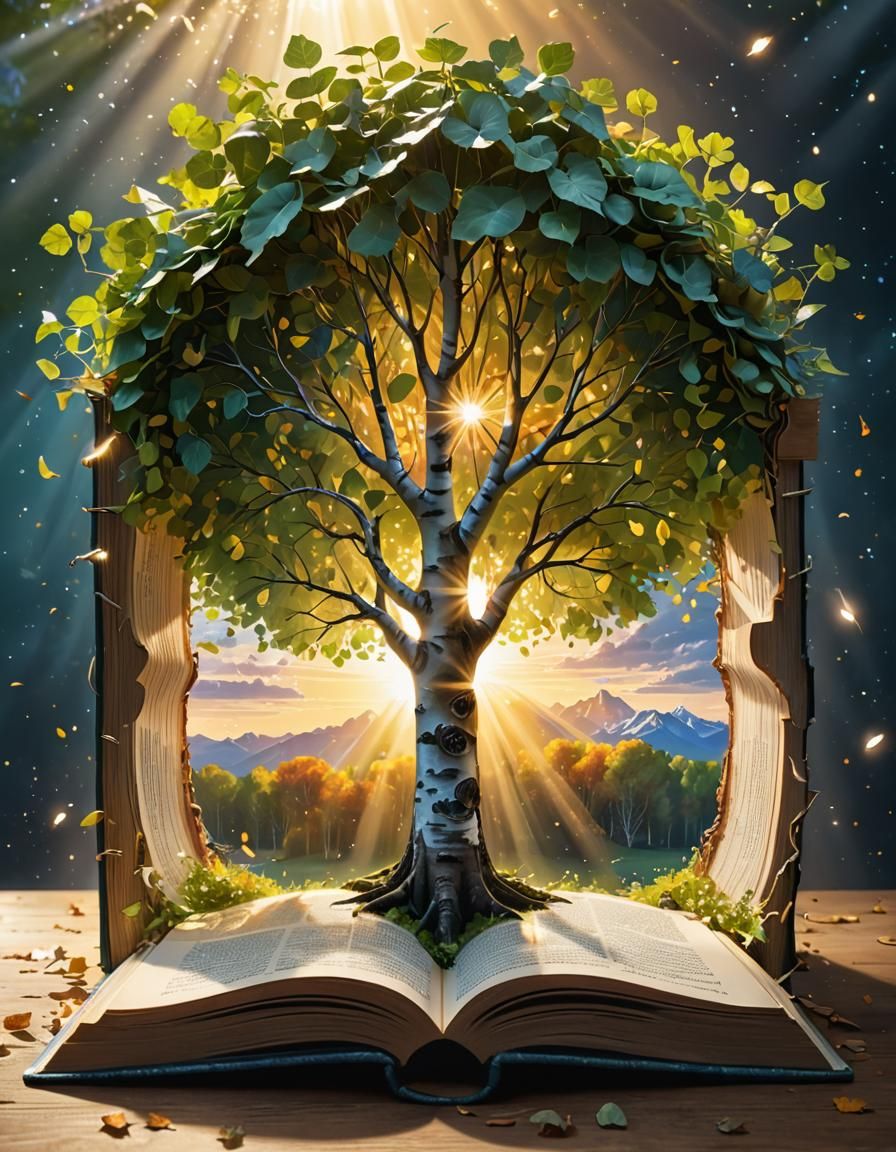 Birch Tree Growing From Open Book
