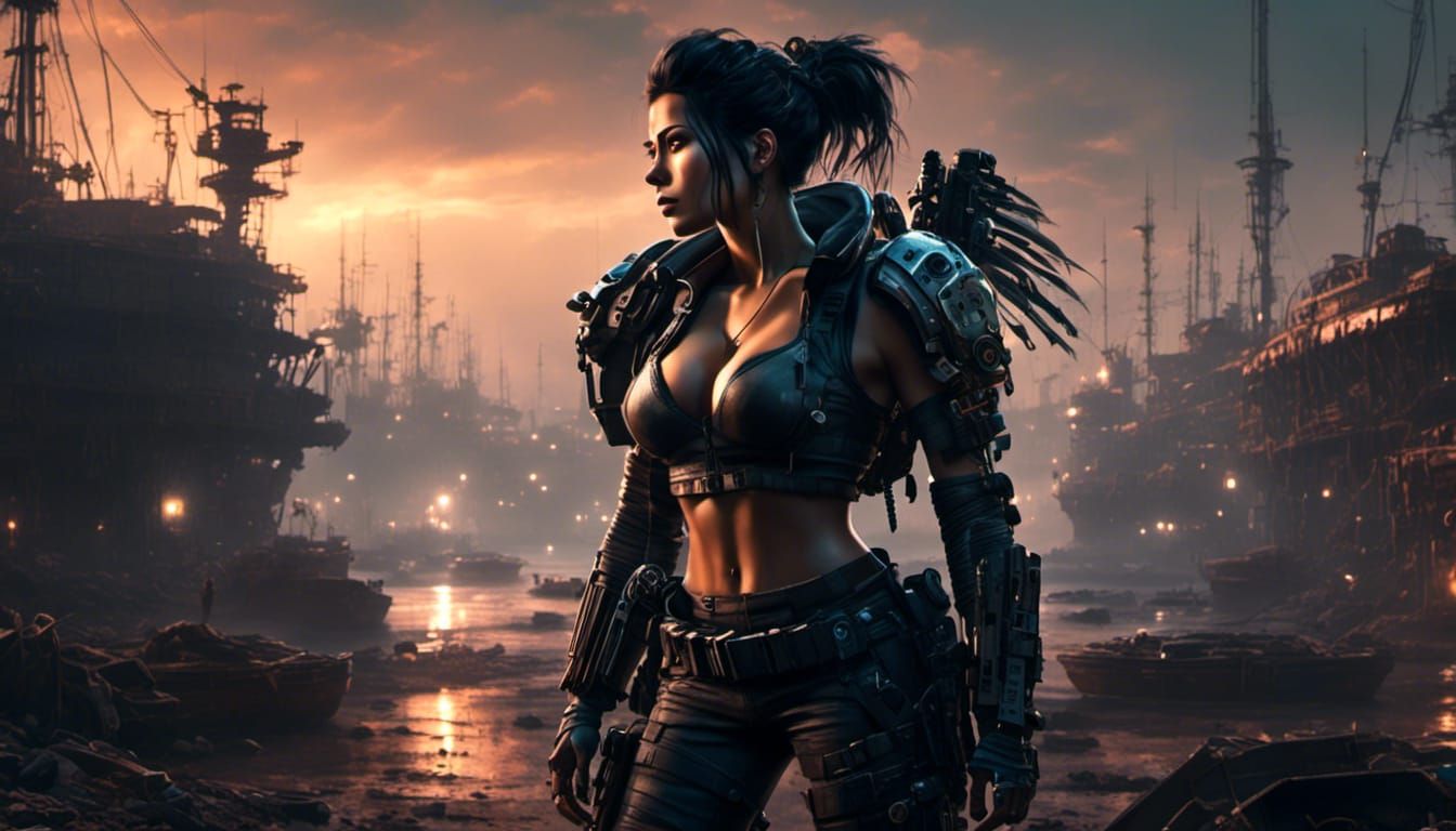 Cyborg Observes Abandoned Trashpunk Harbor at Night