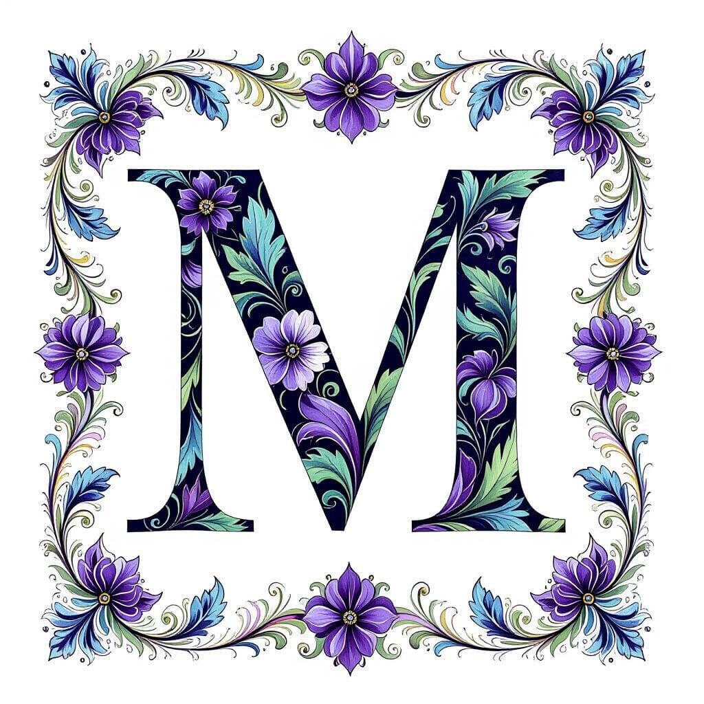 Elegant Capital Letter M with Floral Ink Wash Art