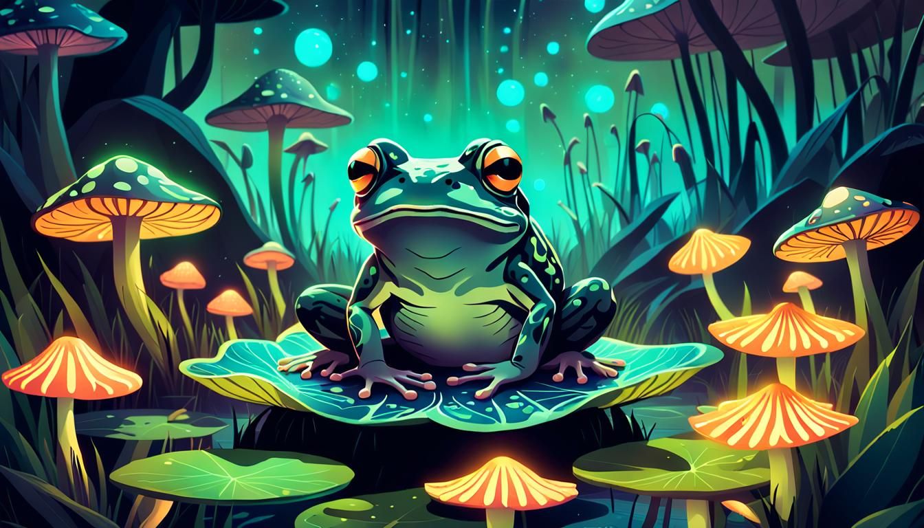 Frog in Bog with Glowing Mushrooms, Dark Fantasy Art