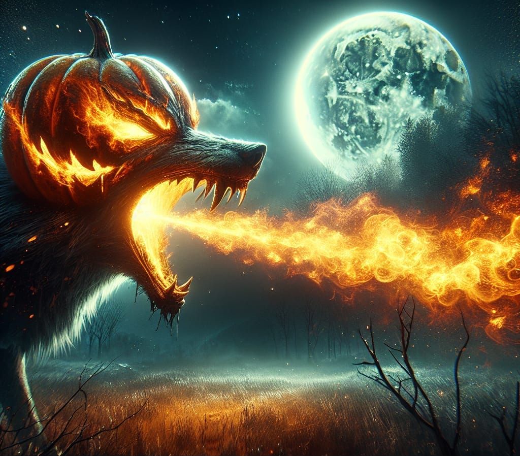 Pumpkin Wolf Breathing Fire in the Night