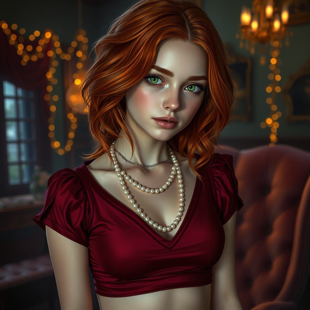 A softly lit portrait photograph captures a young woman, nearly eighteen, with a cascade of vibrant, copper-red hair flo...