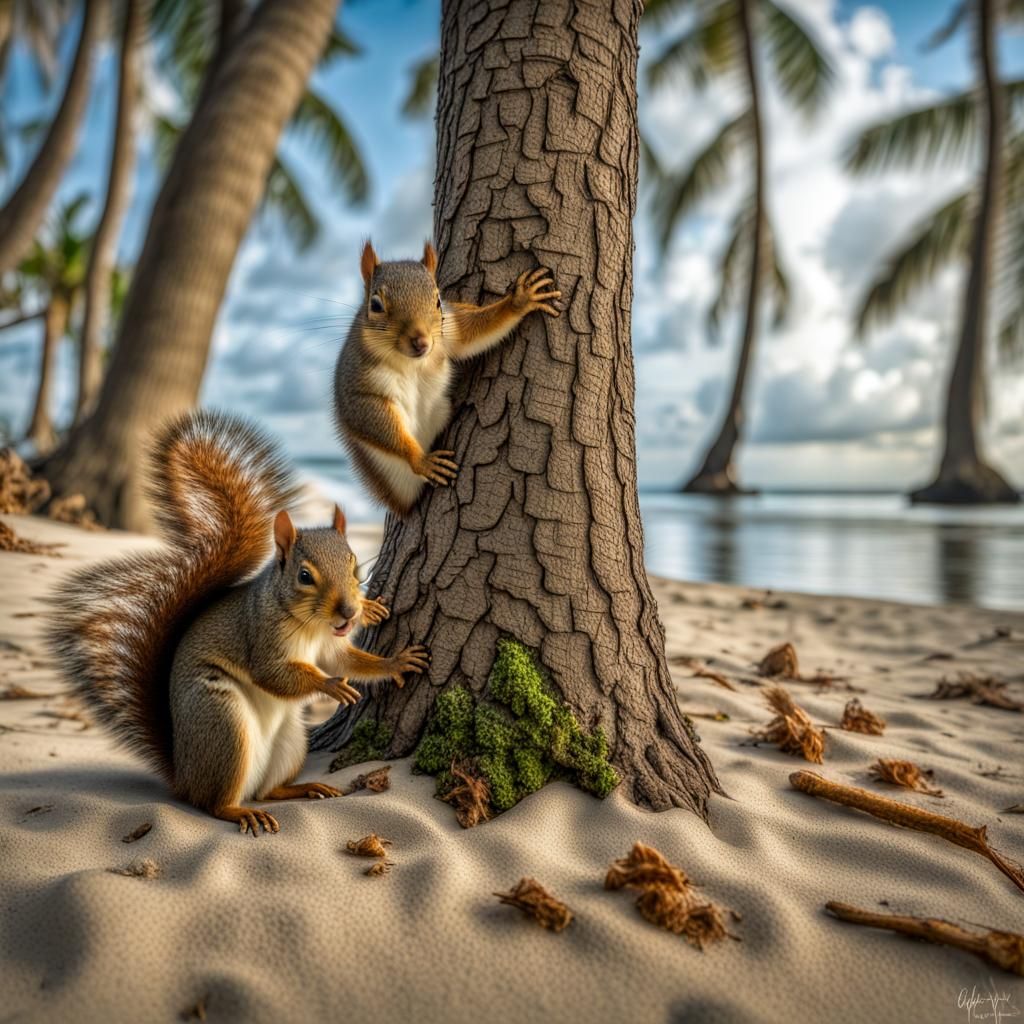 Squirrels Play on Beach Under Canopy: Hyperrealistic HDR