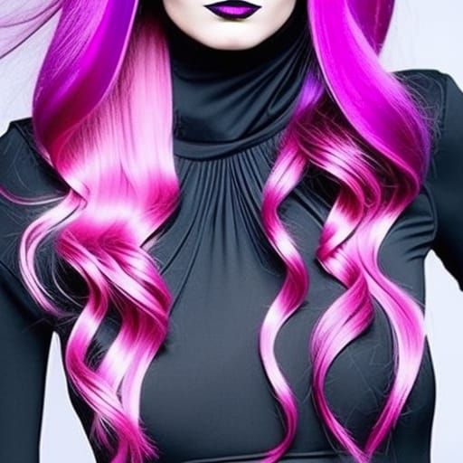 Ethereal gothic young lady with long flowing magenta pink hair with black highlights& purple highlights& purple eyes& ma...