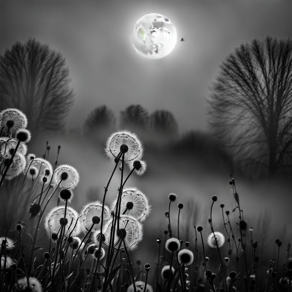 Black Willow Dandelions Under a Misty Moon