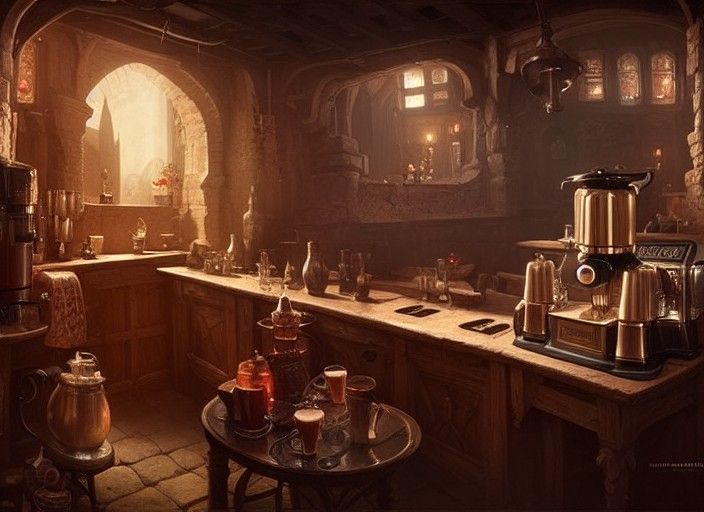 Medieval Tavern Coffee Machine: Cinematic Matte Painting