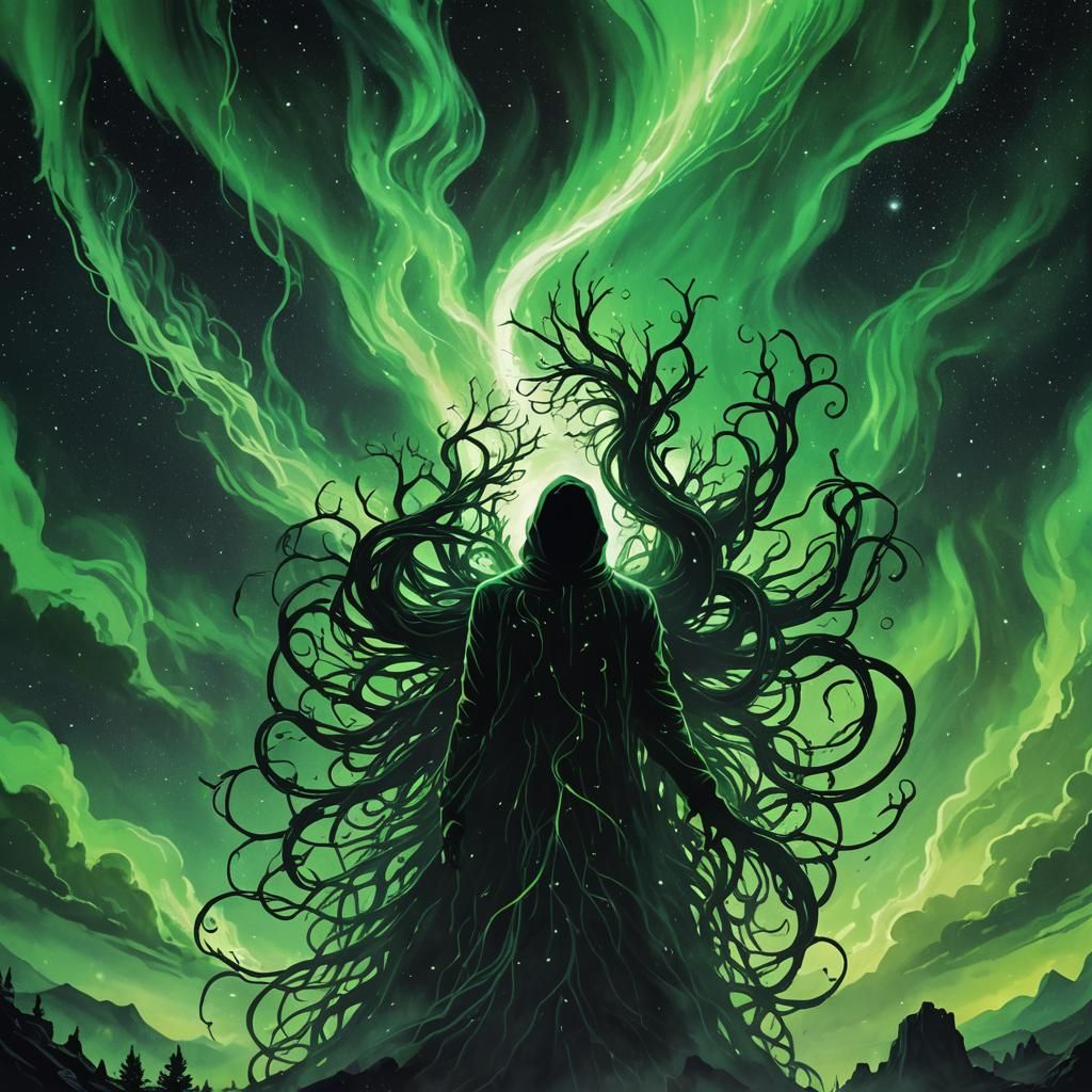 Cosmic Horror Entity Swirling in Aurora Borealis