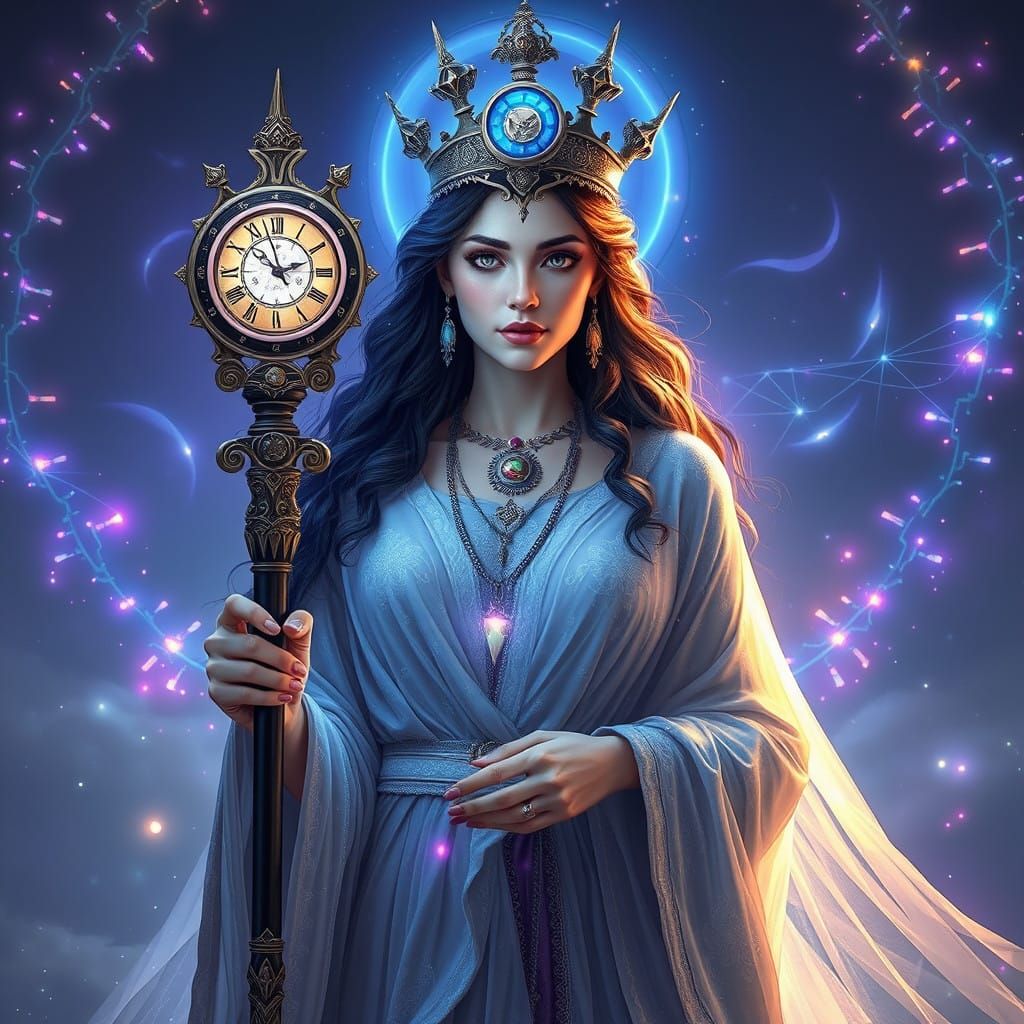 Ethereal Timekeeper Goddess Shines with Stardust Robes